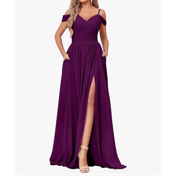 Off The Shoulder Bridesmaid Dresses with Pockets Ruched Chiffon Long Slit Formal - Picture 1 of 14